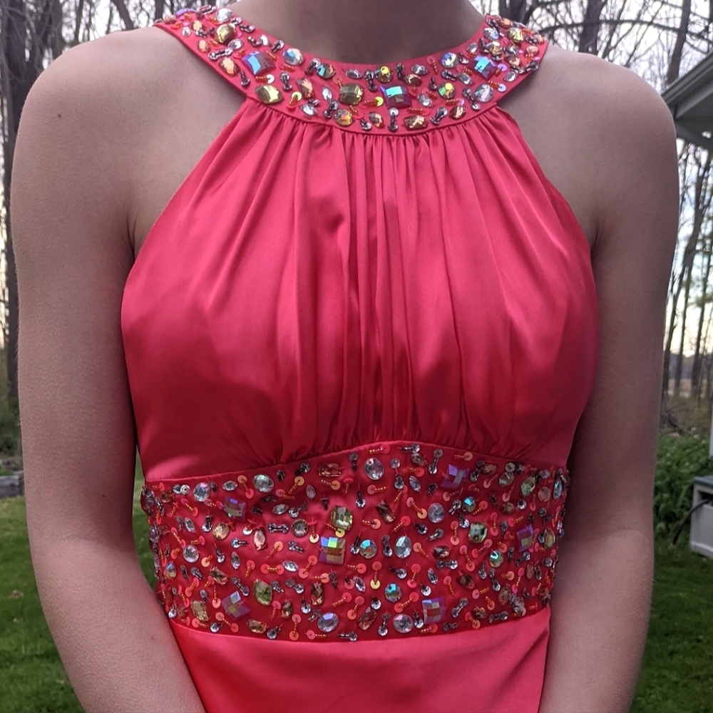 Long coral prom dress